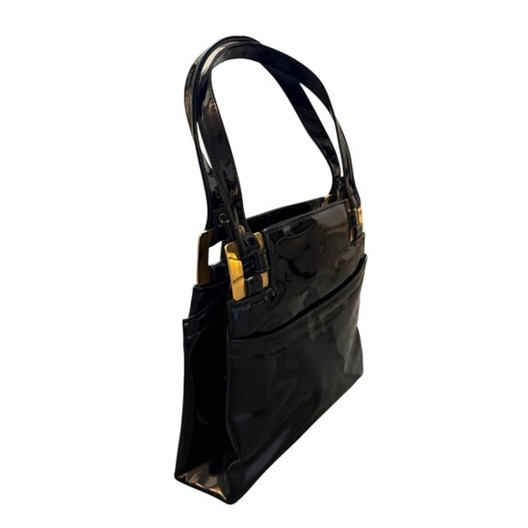 Lux Black Patent Leather Handbag Glossy VTG 60s Top Handles Gold Tone Hardware - Picture 5 of 14